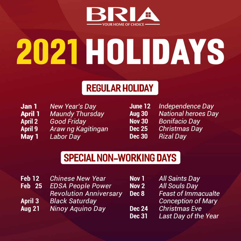 The 2021 Philippine Holiday | Affordable House and Lot ...